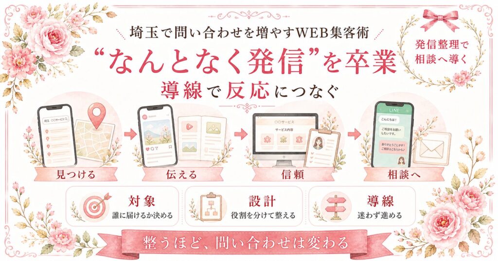 埼玉で問い合わせを増やすために、なんとなく発信を卒業し、WEB集客の導線を整えて相談につなげる流れを示した女性向けイラスト