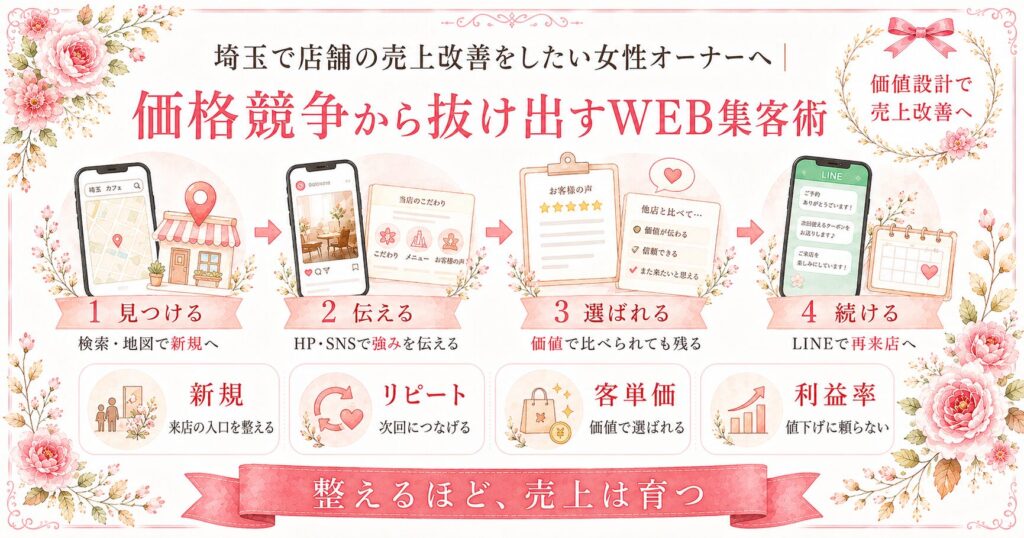 埼玉で店舗の売上改善をしたい女性オーナー向けに、価格競争から抜け出すWEB集客術と新規・リピート・客単価・利益率を整える流れを示したイラスト