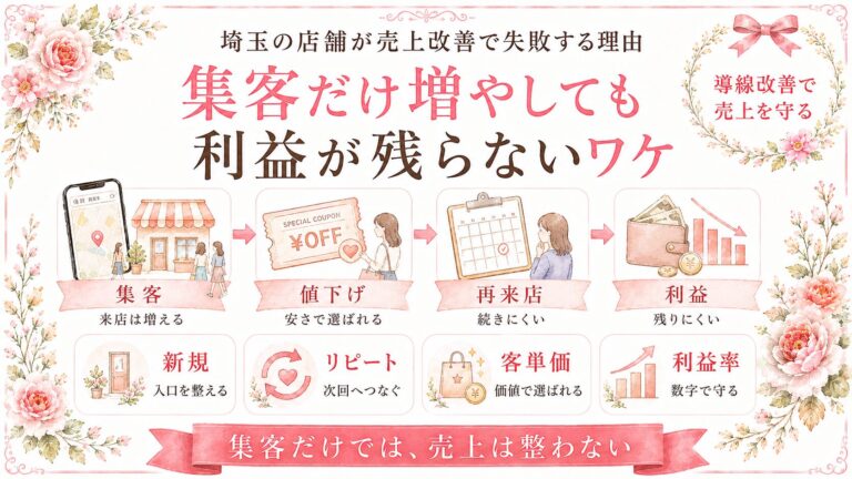 埼玉の店舗が売上改善で失敗する理由として、集客だけ増やしても利益が残らない流れと、新規・リピート・客単価・利益率の見直しポイントを示したイラスト