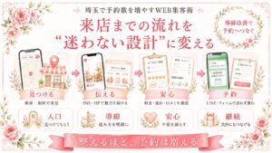 埼玉で予約数を増やすために、検索や地図から見つけてもらい、SNS・HPで魅力を伝え、安心感を整えて予約につなげる流れを示したイラスト