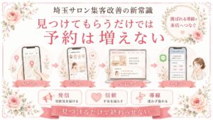 埼玉サロン集客改善の新常識として、見つけてもらうだけでは予約が増えない理由と、発信・信頼・導線を整える流れを示した女性向けイラスト