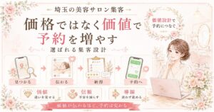 埼玉の美容サロン集客で、価格ではなく価値を伝え、見つかる・伝わる・納得・予約への流れを整える集客設計を示した女性向けイラスト
