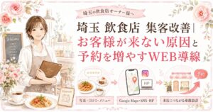 埼玉の飲食店集客改善として、お客様が来ない原因と予約を増やすWEB導線を、写真・口コミ・メニュー、Google Maps・SNS・HPの流れで示したイラスト