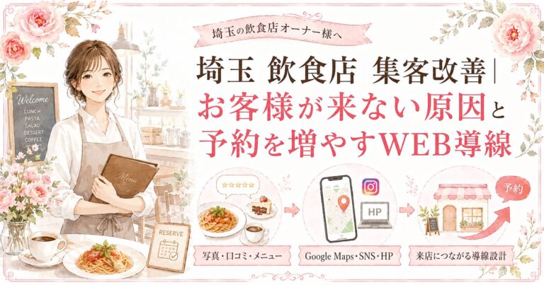 埼玉の飲食店集客改善として、お客様が来ない原因と予約を増やすWEB導線を、写真・口コミ・メニュー、Google Maps・SNS・HPの流れで示したイラスト