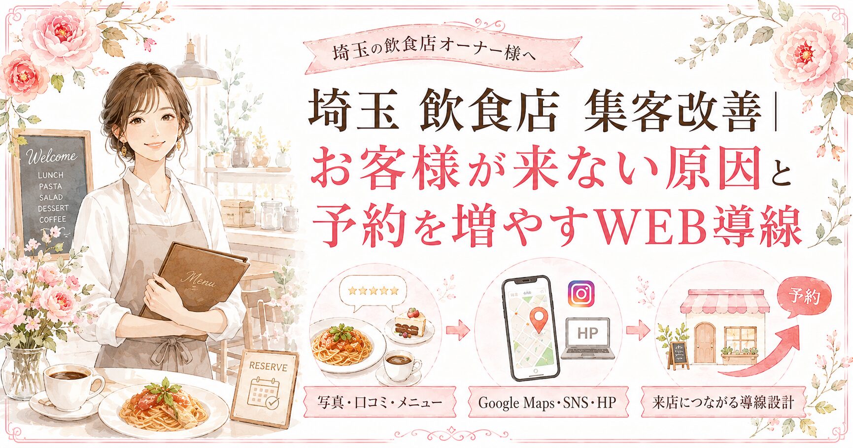埼玉の飲食店集客改善として、お客様が来ない原因と予約を増やすWEB導線を、写真・口コミ・メニュー、Google Maps・SNS・HPの流れで示したイラスト