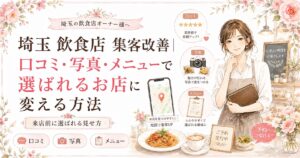 埼玉の飲食店集客改善として、口コミ・写真・メニューを整え、来店前に選ばれるお店へ変える方法を示した女性向けイラスト