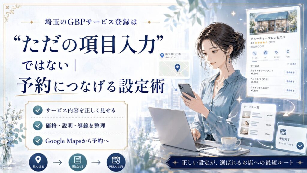 埼玉のGBPサービス登録をテーマにしたアイキャッチ画像。女性オーナーがスマホとパソコンでビジネスプロフィールのサービス情報を確認し、内容・価格・説明・導線を整えて予約につなげる流れを表現している。