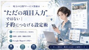 埼玉のGBPサービス登録をテーマにしたアイキャッチ画像。女性オーナーがスマホとパソコンでビジネスプロフィールのサービス情報を確認し、内容・価格・説明・導線を整えて予約につなげる流れを表現している。