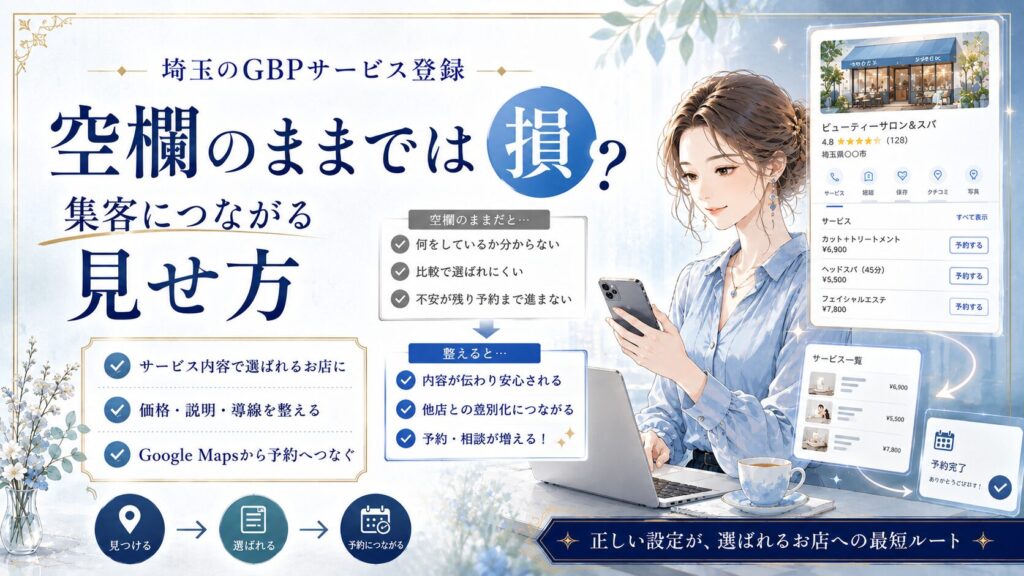 埼玉のGBPサービス登録をテーマにしたアイキャッチ画像。女性オーナーがスマホとパソコンでGoogleビジネスプロフィールを確認し、空欄のままにせずサービス内容・価格・説明・導線を整える重要性を表現している。
