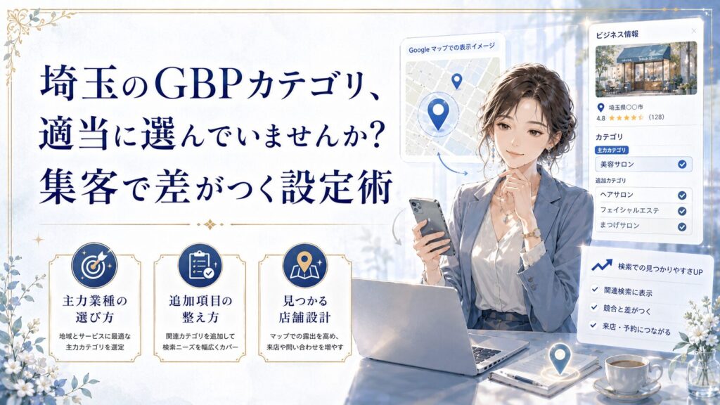 埼玉のGBPカテゴリ設定をテーマにしたアイキャッチ画像。女性オーナーがスマホとパソコンでGoogleビジネスプロフィールのカテゴリを確認し、メインカテゴリと追加カテゴリを正しく選ぶ重要性を表現している。