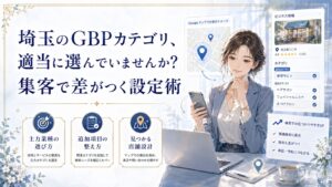 埼玉のGBPカテゴリ設定をテーマにしたアイキャッチ画像。女性オーナーがスマホとパソコンでGoogleビジネスプロフィールのカテゴリを確認し、メインカテゴリと追加カテゴリを正しく選ぶ重要性を表現している。