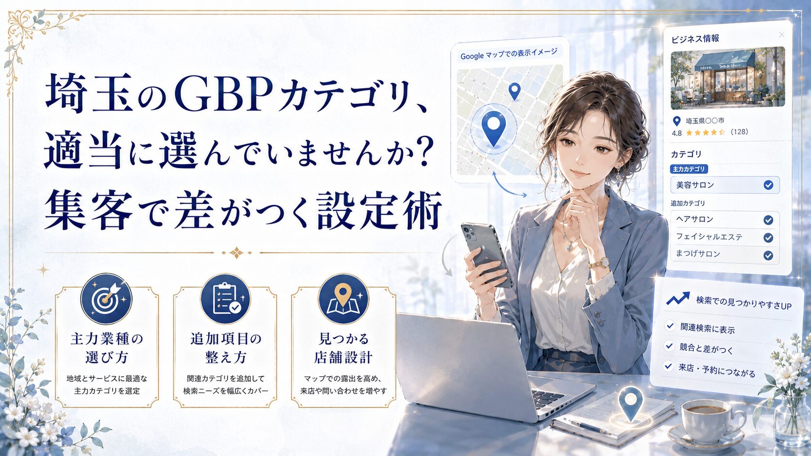 埼玉のGBPカテゴリ設定をテーマにしたアイキャッチ画像。女性オーナーがスマホとパソコンでGoogleビジネスプロフィールのカテゴリを確認し、メインカテゴリと追加カテゴリを正しく選ぶ重要性を表現している。
