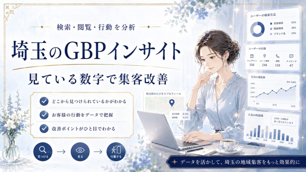 埼玉のGBPインサイトをテーマにしたアイキャッチ画像。女性オーナーがパソコンでGoogleビジネスプロフィールのデータを確認し、検索・閲覧・行動を分析して集客改善につなげる様子を表現している。