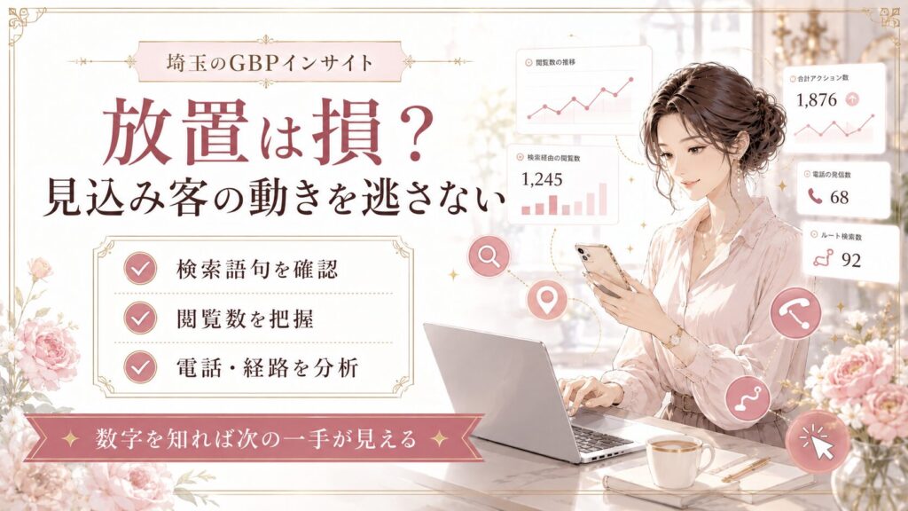 埼玉のGBPインサイトをテーマにしたアイキャッチ画像。女性オーナーがスマホとパソコンで検索語句・閲覧数・電話・経路などの数値を確認し、見込み客の動きを分析して集客改善につなげる様子を表現している。
