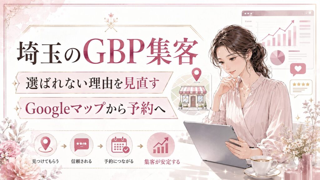 埼玉のGBP集客をテーマにしたアイキャッチ画像。女性オーナーがパソコンでGoogleマップ集客の状況を確認し、写真・口コミ・予約導線を見直して選ばれる店舗へ整える様子を表現している。