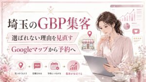 埼玉のGBP集客をテーマにしたアイキャッチ画像。女性オーナーがパソコンでGoogleマップ集客の状況を確認し、写真・口コミ・予約導線を見直して選ばれる店舗へ整える様子を表現している。