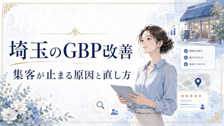 埼玉のGBP改善をテーマにしたアイキャッチ画像。女性オーナーがタブレットでGoogleマップ集客の状況を確認し、基本情報・写真・口コミ・導線を見直して集客が止まる原因を改善する様子を表現している。