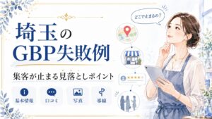 埼玉のGBP失敗例として、基本情報・口コミ・写真・導線の見落としポイントを女性経営者向けに分かりやすく示したアイキャッチ画像