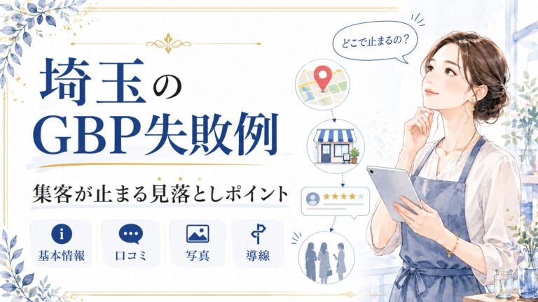 埼玉のGBP失敗例として、基本情報・口コミ・写真・導線の見落としポイントを女性経営者向けに分かりやすく示したアイキャッチ画像