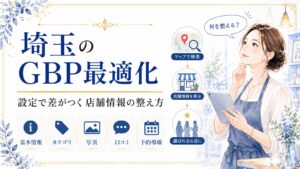 埼玉のGBP最適化で基本情報・カテゴリ・写真・口コミ・予約導線を整え、Googleマップで選ばれる店舗情報を作る方法を示したアイキャッチ画像