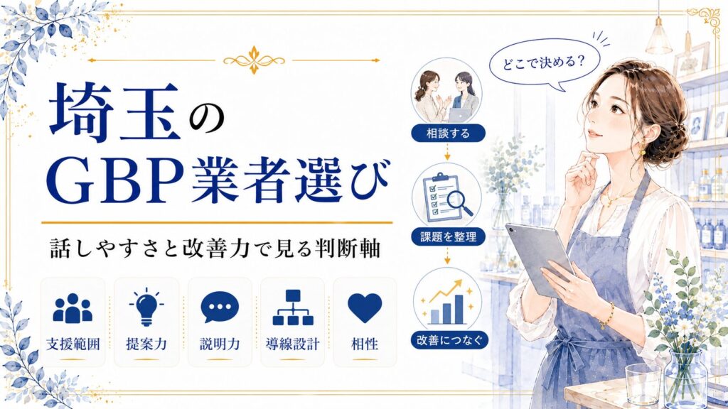 埼玉のGBP業者選びで支援範囲・提案力・説明力・導線設計・相性を確認し、話しやすさと改善力で判断するポイントを示したアイキャッチ画像