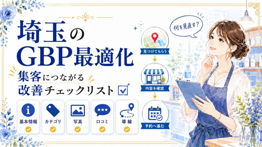 埼玉のGBP最適化チェックリストとして、基本情報・カテゴリ・写真・口コミ・導線を見直し、集客につなげる流れを示したアイキャッチ画像