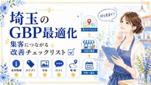 埼玉のGBP最適化チェックリストとして、基本情報・カテゴリ・写真・口コミ・導線を見直し、集客につなげる流れを示したアイキャッチ画像