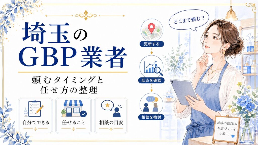 埼玉のGBP業者に頼むタイミングとして、自分でできること・任せること・相談の目安を整理し、Googleマップ集客の外注判断を示したアイキャッチ画像