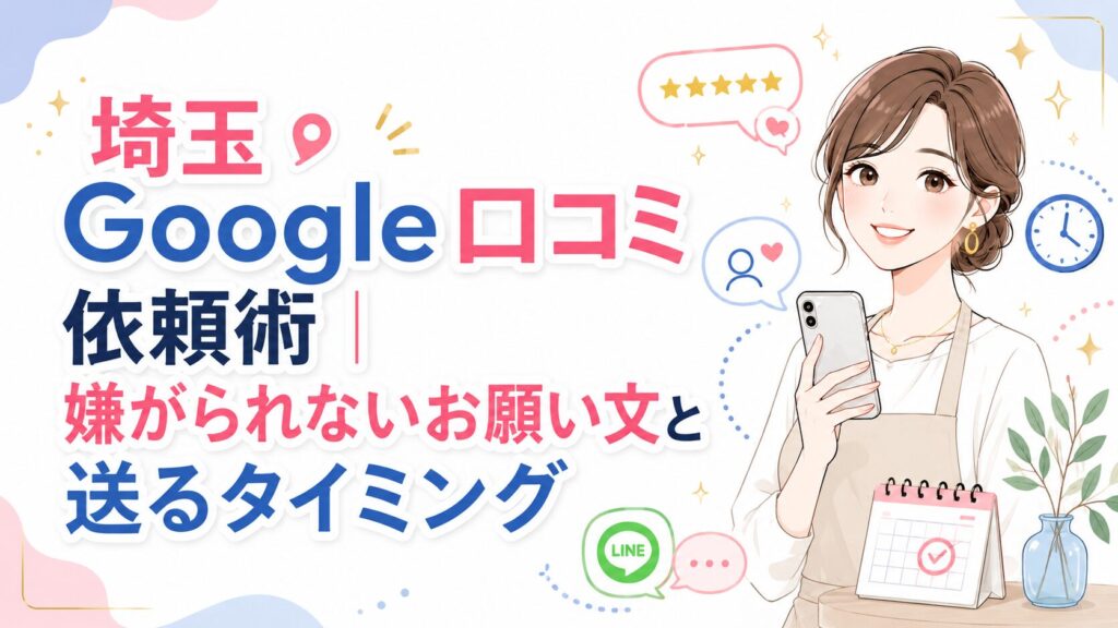埼玉のGoogle口コミ依頼術として、嫌がられないお願い文と送るタイミングを女性経営者向けに分かりやすく示したアイキャッチ画像