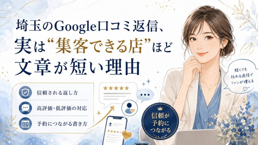 埼玉のGoogle口コミ返信で、短い文章でも信頼され予約につながる返し方を解説するブログアイキャッチ画像