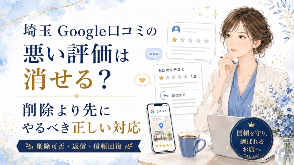 埼玉のGoogle口コミで悪い評価が入った時に、削除可否・返信・信頼回復の正しい対応を解説するブログアイキャッチ画像