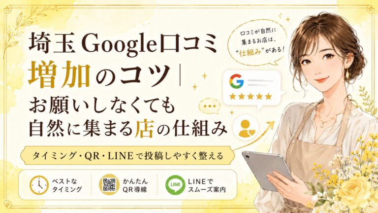 埼玉のGoogle口コミ増加のコツとして、タイミング・QRコード・LINE導線で自然に口コミが集まる仕組みを解説するブログアイキャッチ画像