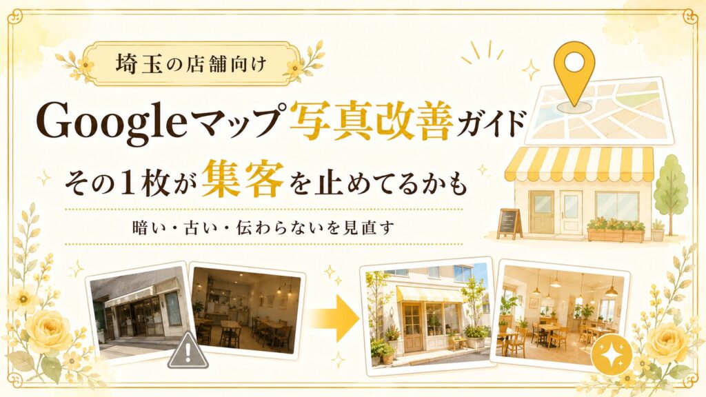 埼玉のGoogleマップ写真改善ガイドとして、暗い・古い・伝わらない写真を見直し、集客を止めるNG写真を改善する方法を解説するブログアイキャッチ画像