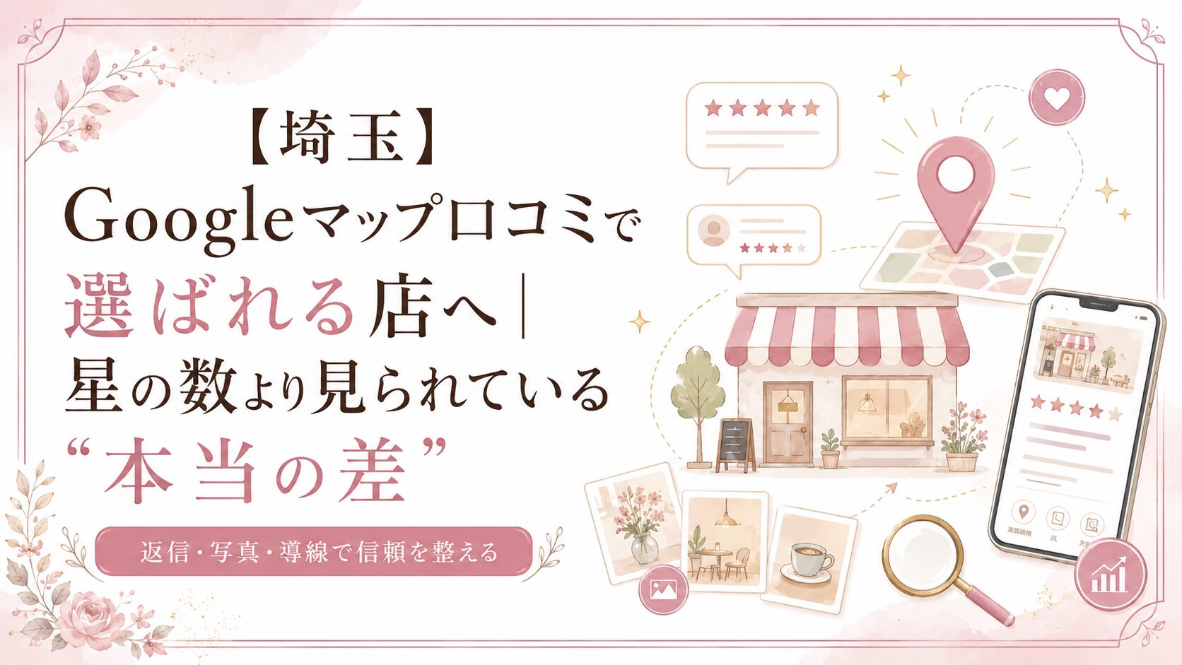 埼玉のGoogleマップ口コミで、星の数だけでなく返信・写真・導線を整えて信頼される店になる方法を解説するブログアイキャッチ画像