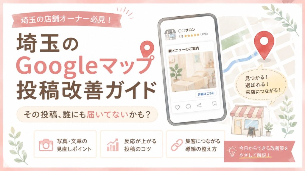 埼玉のGoogleマップ投稿改善ガイドとして、写真・文章・導線を見直し、届かない投稿を集客につながる投稿へ改善する方法を解説するブログアイキャッチ画像