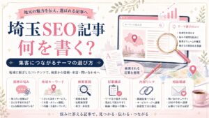 埼玉SEO記事のテーマ選びを、読者の悩み・地域キーワード・検索意図・記事構成・内部リンク・相談導線で整理したアイキャッチ画像。
