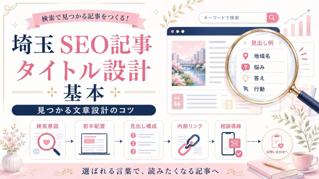 埼玉SEO記事のタイトル設計を、検索意図・前半配置・見出し構成・内部リンク・相談導線で整理したアイキャッチ画像。