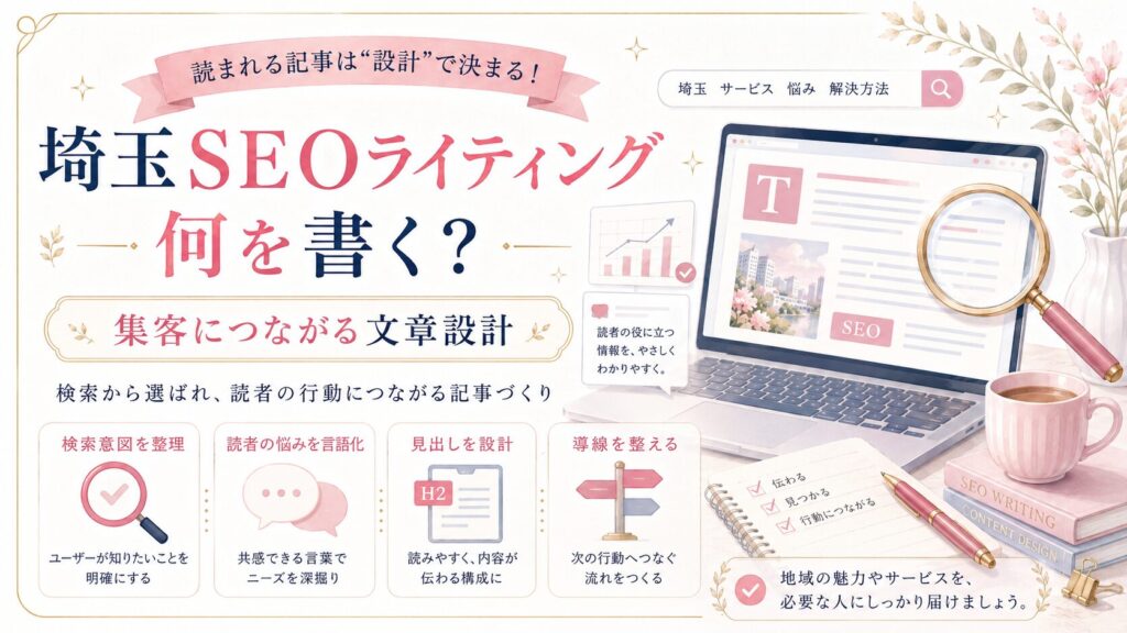 埼玉SEOライティングの文章設計を、検索意図・読者の悩み・見出し設計・導線整理で表現したアイキャッチ画像。