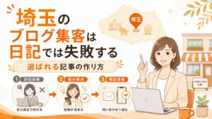 埼玉のブログ集客は日記では失敗する理由と、選ばれる記事の作り方を表したオレンジ系イラスト