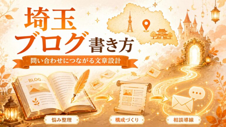 埼玉で問い合わせにつながるブログの書き方を、悩み整理・構成づくり・相談導線で表したオレンジのファンタジー調イラスト