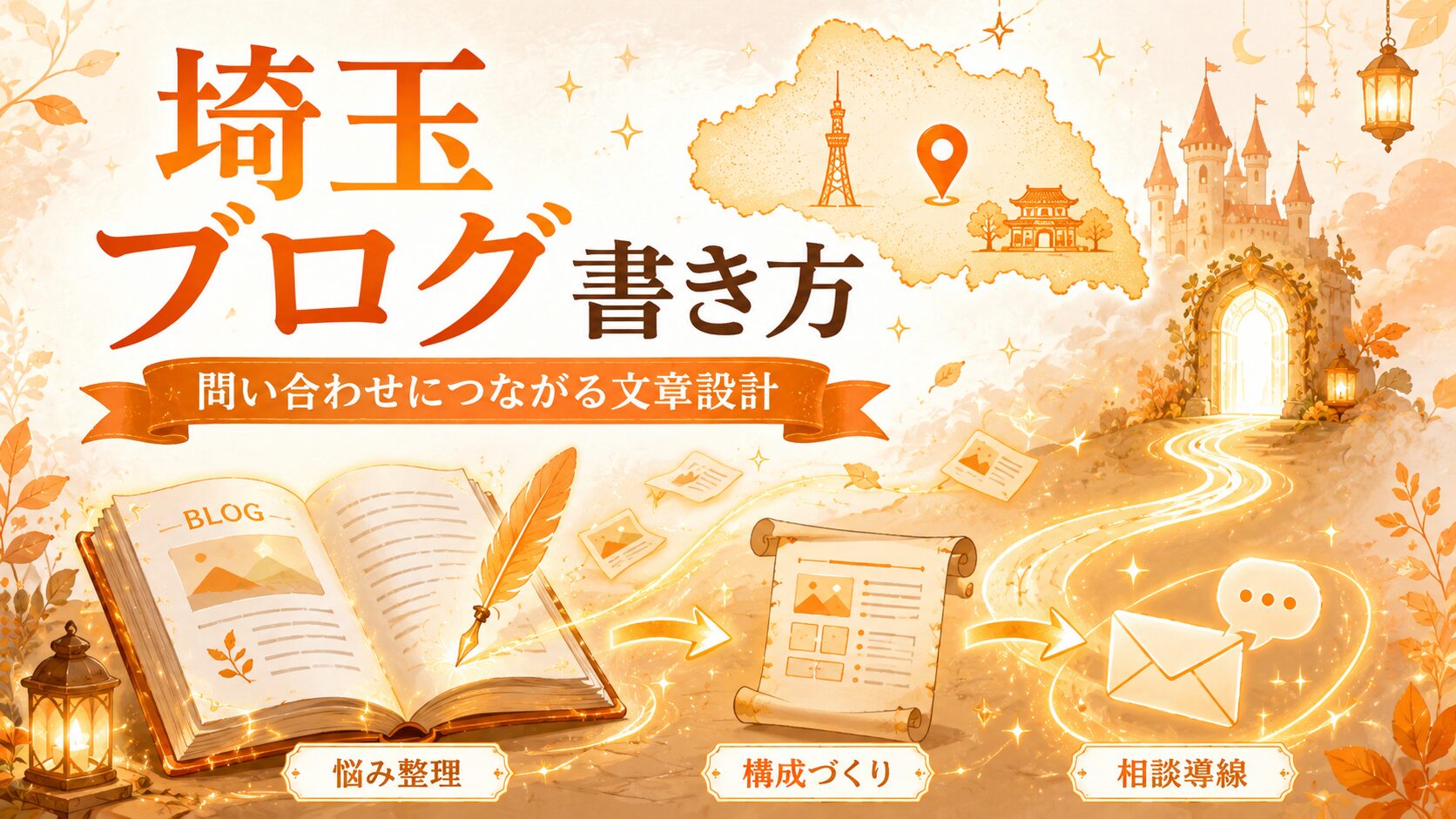 埼玉で問い合わせにつながるブログの書き方を、悩み整理・構成づくり・相談導線で表したオレンジのファンタジー調イラスト