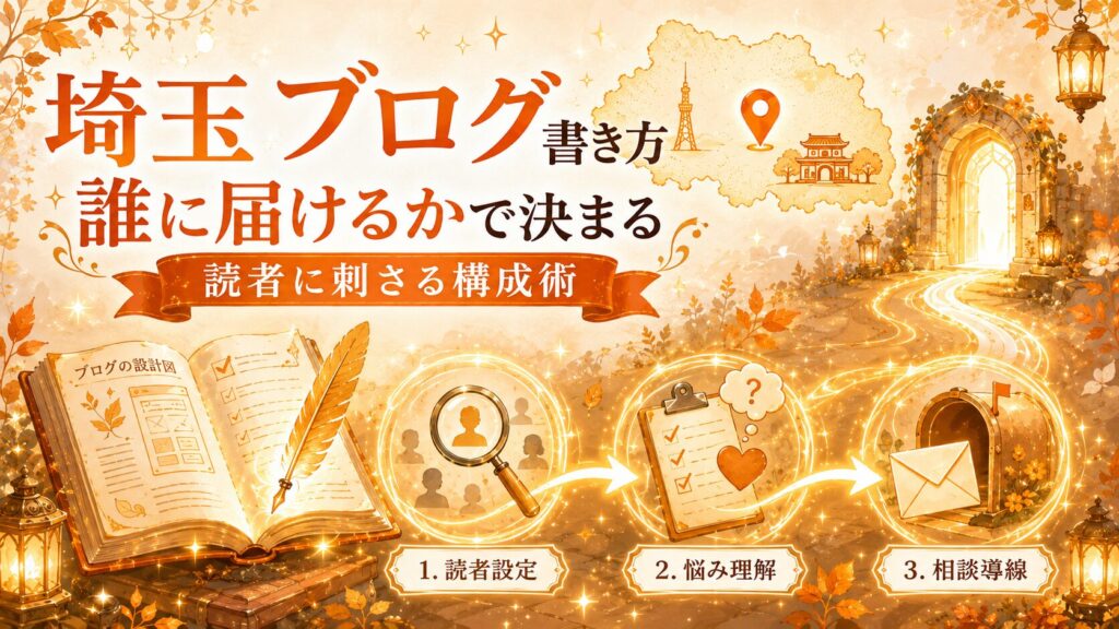 埼玉のブログの書き方は誰に届けるかで決まることを、読者設定・悩み理解・相談導線で表したオレンジのファンタジー調イラスト