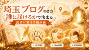 埼玉のブログの書き方は誰に届けるかで決まることを、読者設定・悩み理解・相談導線で表したオレンジのファンタジー調イラスト