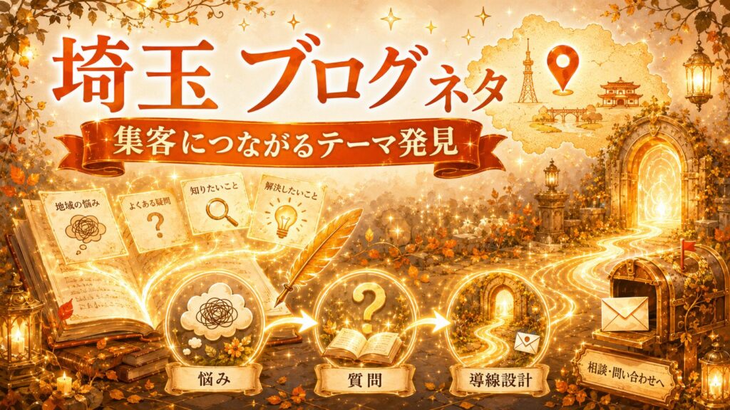 埼玉のブログネタを悩み・質問・導線設計から見つけ、集客につながるテーマ発見を表したファンタジー調イラスト