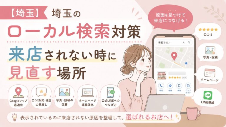 埼玉のローカル検索対策として、検索されても来店されない原因をGoogleマップ・口コミ・写真・ホームページ導線から見直す方法を解説するブログアイキャッチ画像
