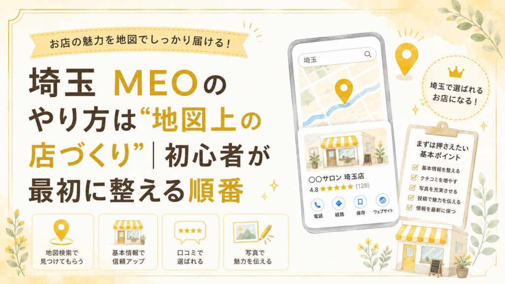 埼玉のMEOのやり方として、Googleマップ上で基本情報・口コミ・写真・投稿を整え、初心者が地図上の店づくりを進める順番を解説するブログアイキャッチ画像