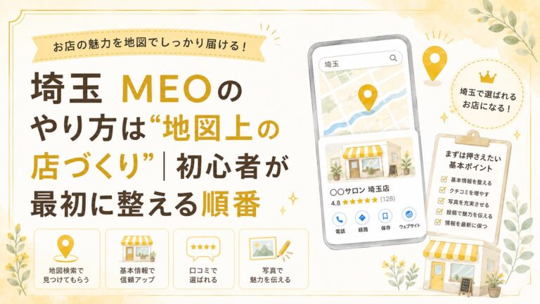 埼玉のMEOのやり方として、Googleマップ上で基本情報・口コミ・写真・投稿を整え、初心者が地図上の店づくりを進める順番を解説するブログアイキャッチ画像