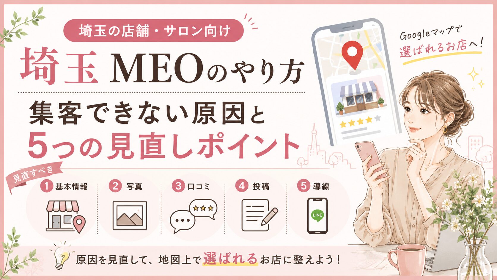 埼玉のMEOのやり方として、集客できない原因を基本情報・写真・口コミ・投稿・導線の5つから見直す方法を解説するブログアイキャッチ画像