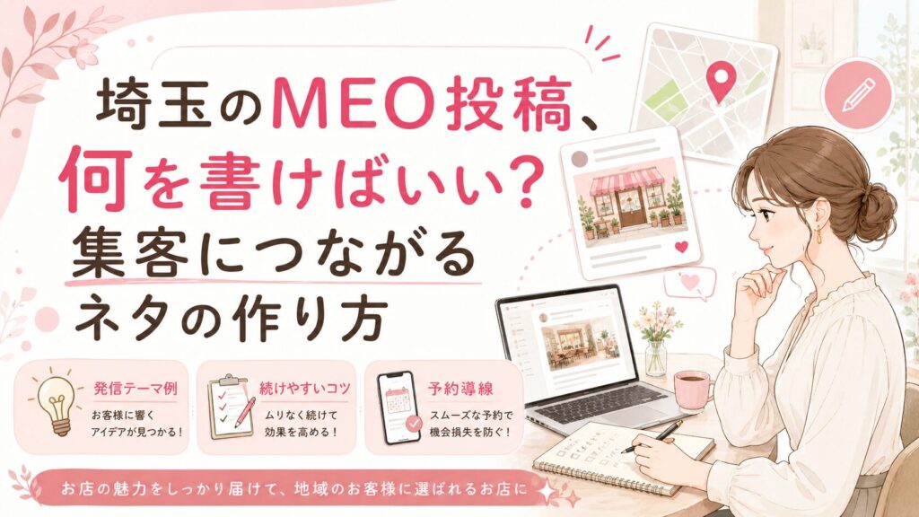 埼玉のMEO投稿で何を書けばいいか悩む店舗向けに、Googleマップ投稿のネタ作りや集客につながる発信方法を解説するアイキャッチ画像