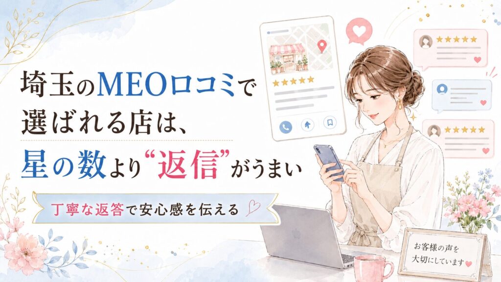 埼玉のMEO口コミで選ばれるお店づくりをテーマに、星の数だけでなく丁寧な口コミ返信で信頼感を伝える女性経営者向けアイキャッチ画像